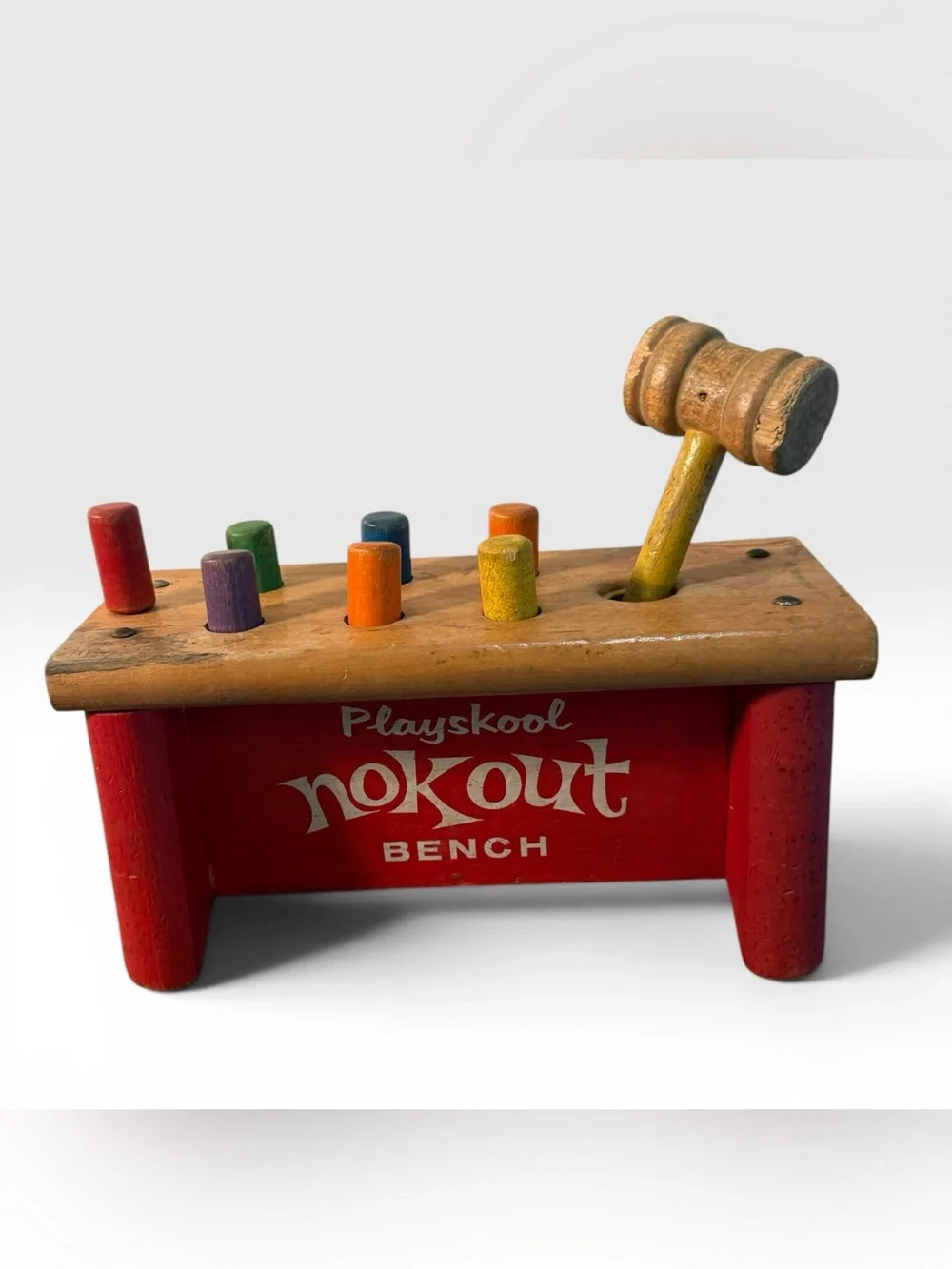 Vintage Playskool Nok Out Bench Wooden Childs Toy Pegs & Hammer Mallet